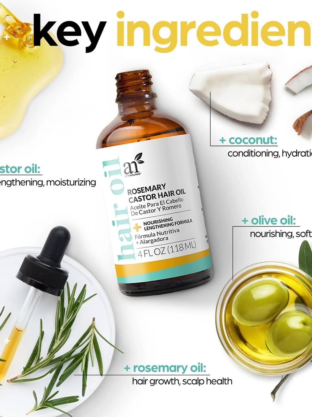ArtNaturals Organic Rosemary & Castor Hair Growth Oil + Scalp Massager Set – Hair Styling Oils for Dry, Itchy Scalp, Thickening & Hydration - Scalp Oil Products For Damaged Hair & Split Ends – 4.0 oz